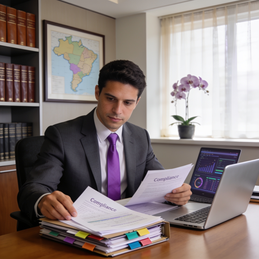 Profissional jurídico analisando relatórios de compliance