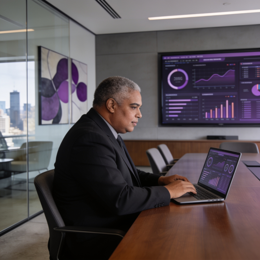 Executivo acompanhando indicadores em painel gerencial